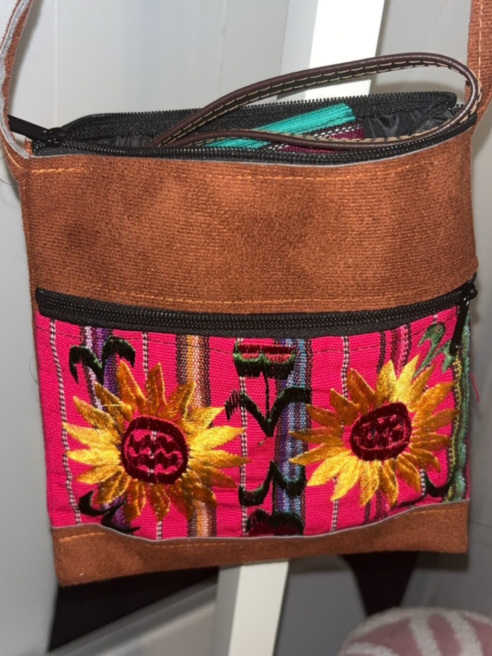 Handcrafted Pink Floral Sunflower Crossbody Bag and wristlet